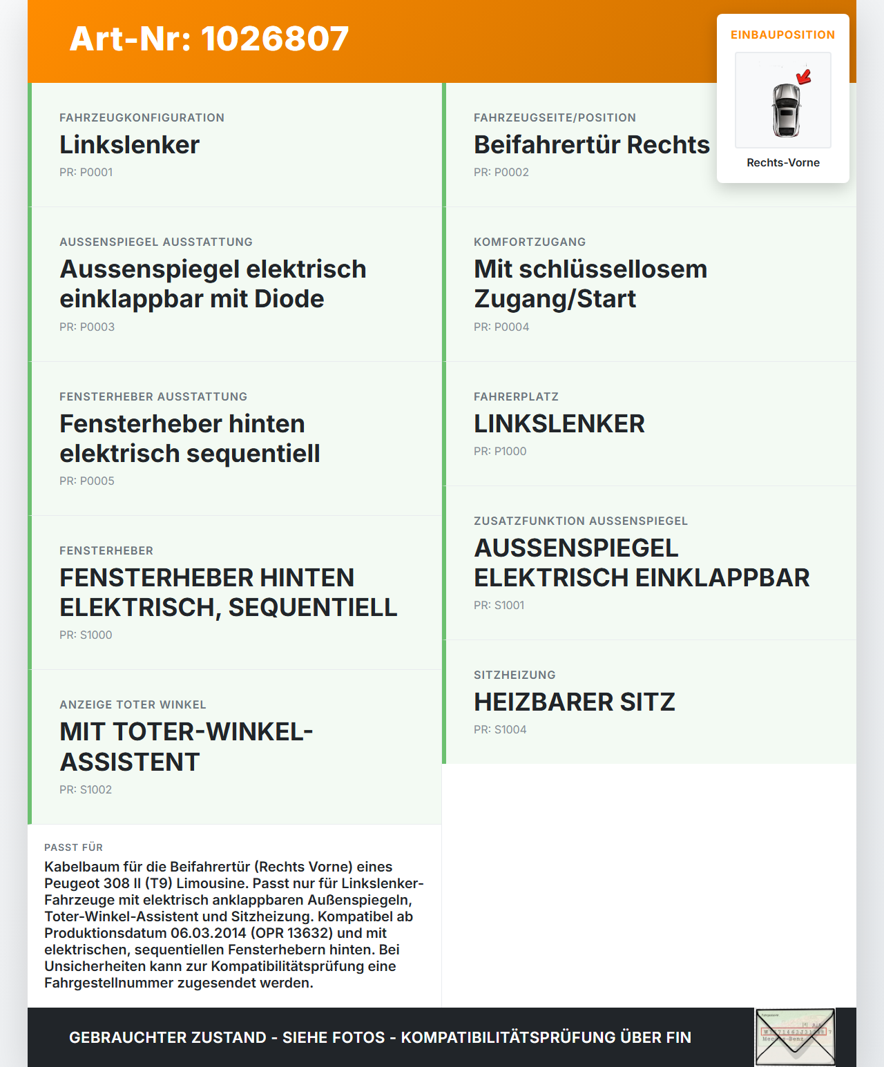 Peugeot 308 II 17-21 Lim Kabelbaum für Tür und Fensterheber Rechts Vorne Peugeot 308 II 17-21 06.04.2021 9807916380... Vorschau 3
