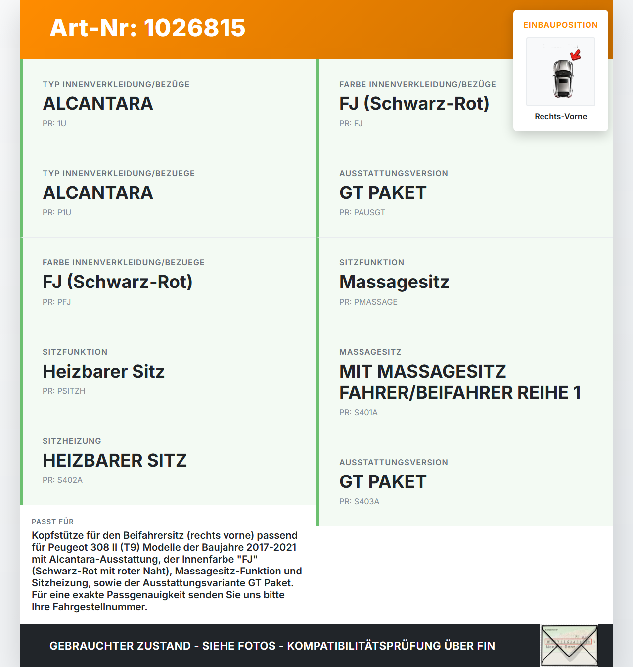 Peugeot 308 II 17-21 Lim Kopfstütze für Beifahrer Sitz Rechts Vorne FJ rote Naht Peugeot 308 II 17-21 06.04.2021... Vorschau 3