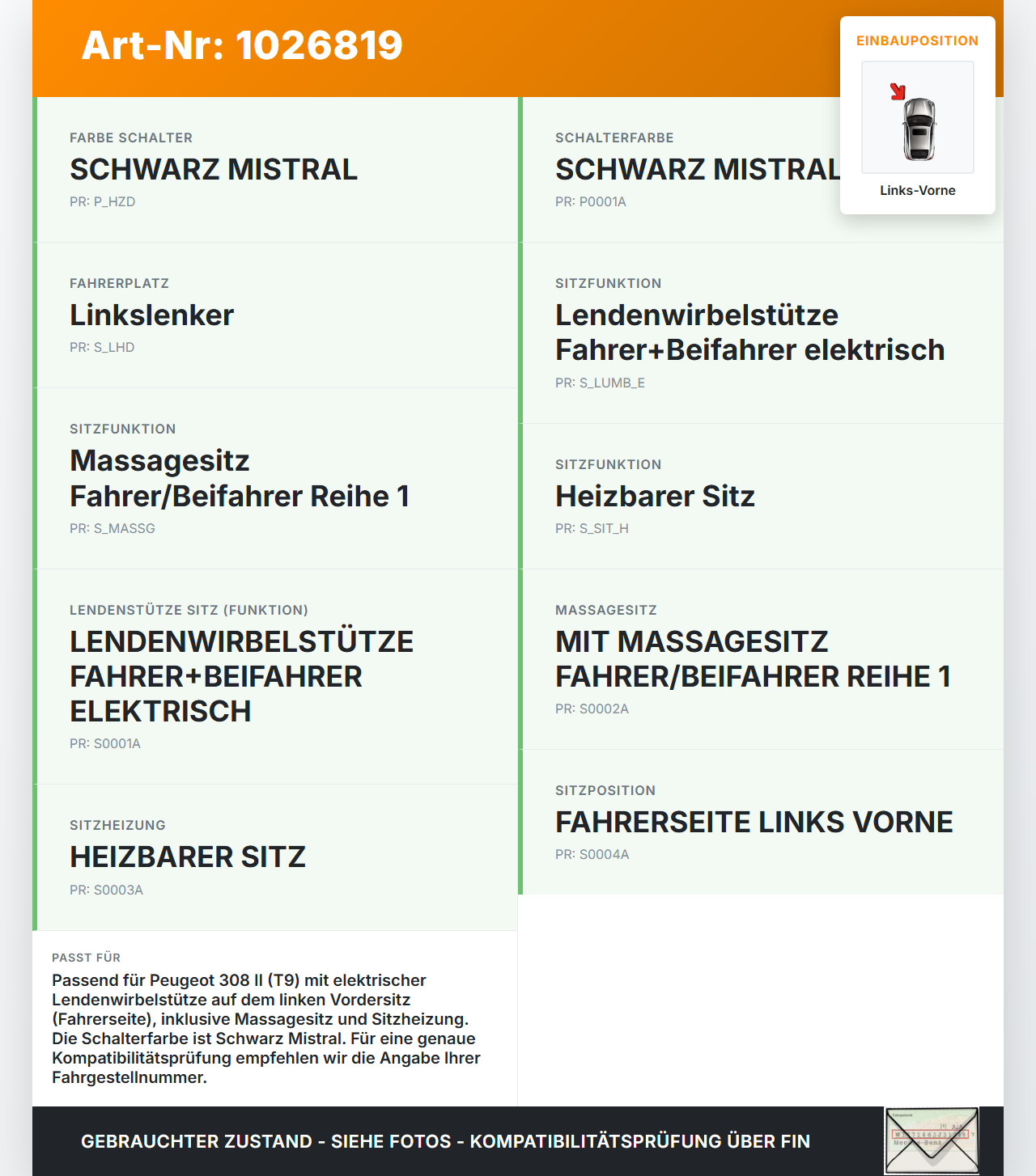 Peugeot 308 II 17-21 Schalter Sitzverstellung Lordose Links Vorne Peugeot 308 II 17-21 06.04.2021 96781190ZD... Vorschau 3