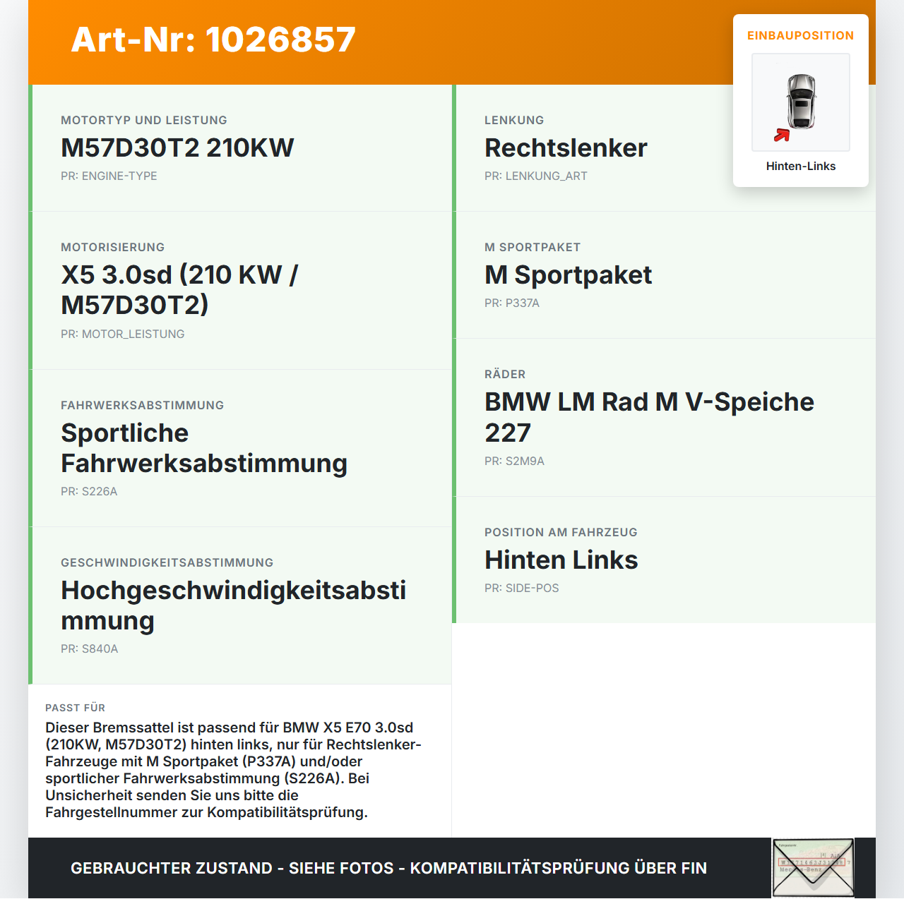 BMW X5 E70 07-10 3,0d 210KW Bremssattel Bremszange 44/24 Hinten Links BMW X5 E70 07-10 07.10.2008 3421-6776789... Vorschau 3