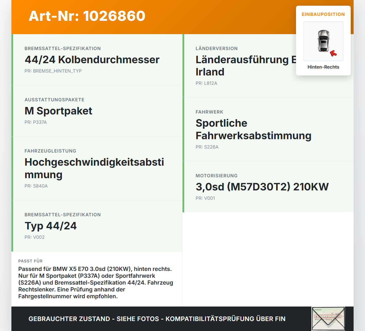 BMW X5 E70 07-10 3,0d 210KW Bremssattel Bremszange 44/24 Hinten Rechts BMW X5 E70 07-10 07.10.2008 3421-6776790... Vorschau 3