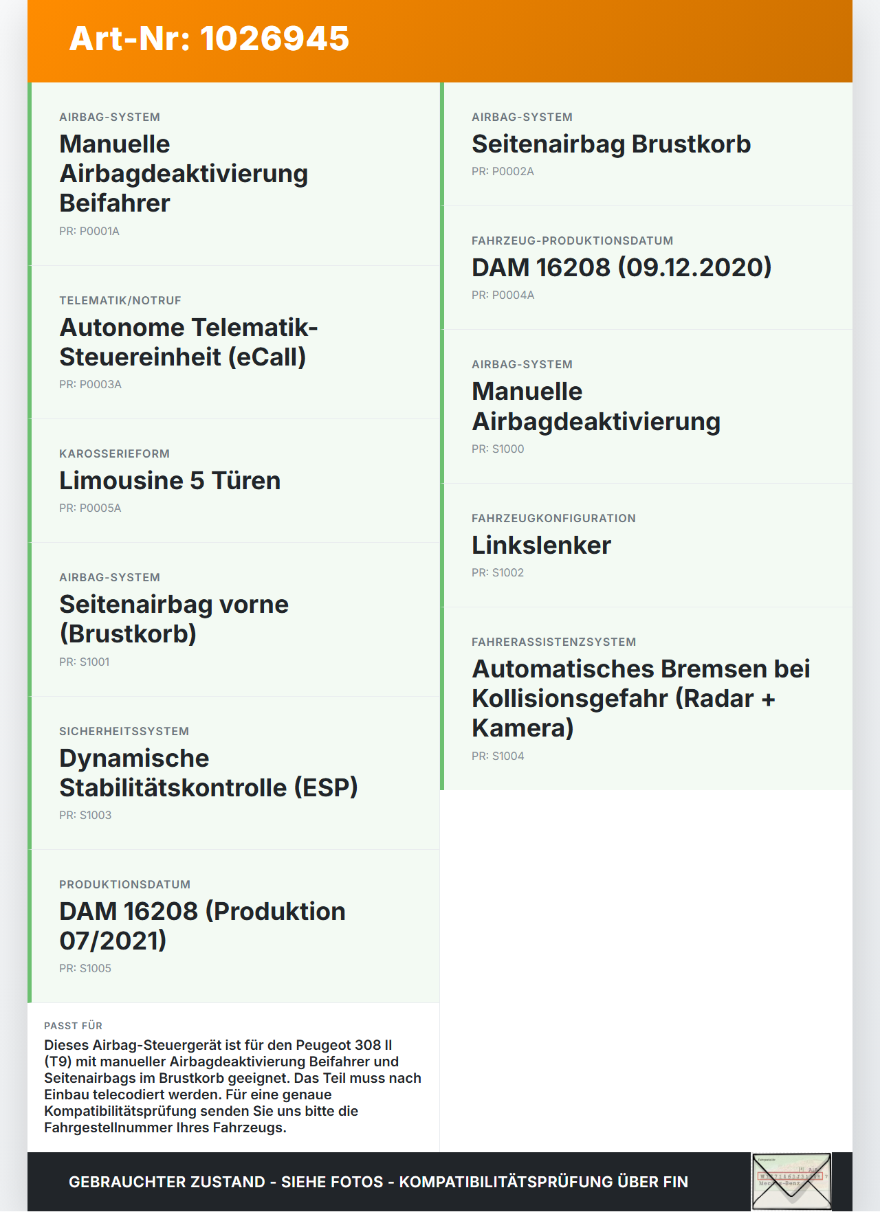 Peugeot 308 II 17-21 Airbag Steuergerät Airbagsteuergerät SRS Peugeot 308 II 17-21 06.04.2021 9807568180 gebraucht Vorschau 3