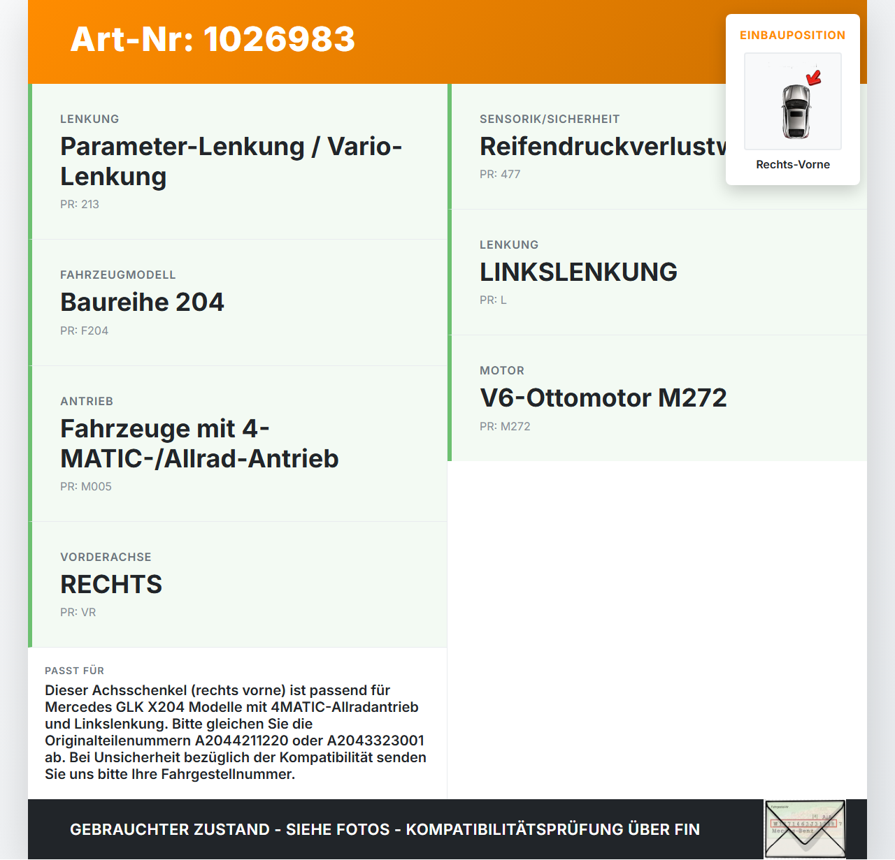 Mercedes GLK 300 X204 08-12 3,0 170KW Achsschenkel Radnabe Rechts Vorne Mercedes GLK 300 X204 08-12 30.06.2009... Vorschau 3