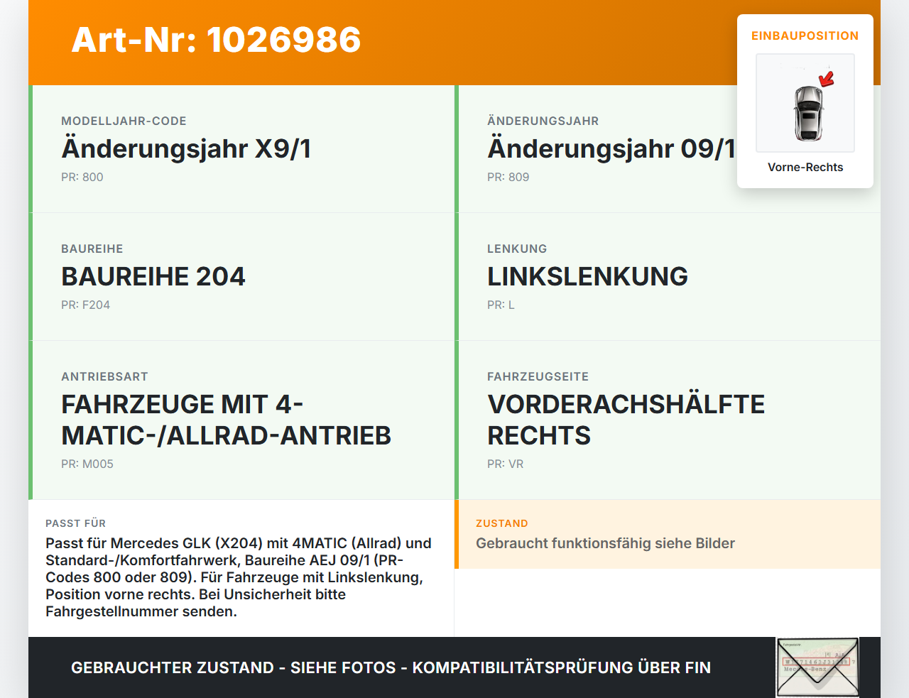 Mercedes GLK 300 X204 08-12 Stossdämpfer Federbein Vorne Rechts Mercedes GLK 300 X204 08-12 30.06.2009 A2043202213... Vorschau 3