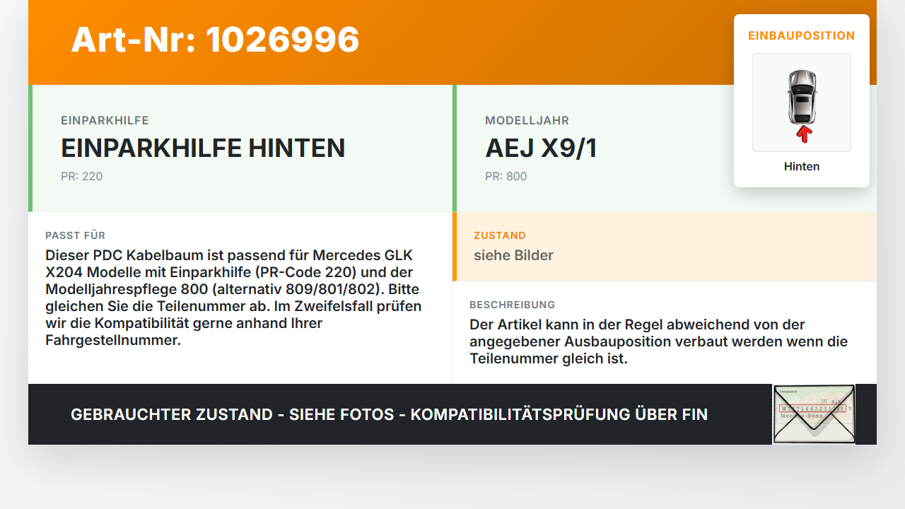 Mercedes GLK 300 X204 08-12 PDC Kabelbaum Pos.1 Hinten Mercedes GLK 300 X204 08-12 30.06.2009 A2045402113 gebraucht Vorschau 3