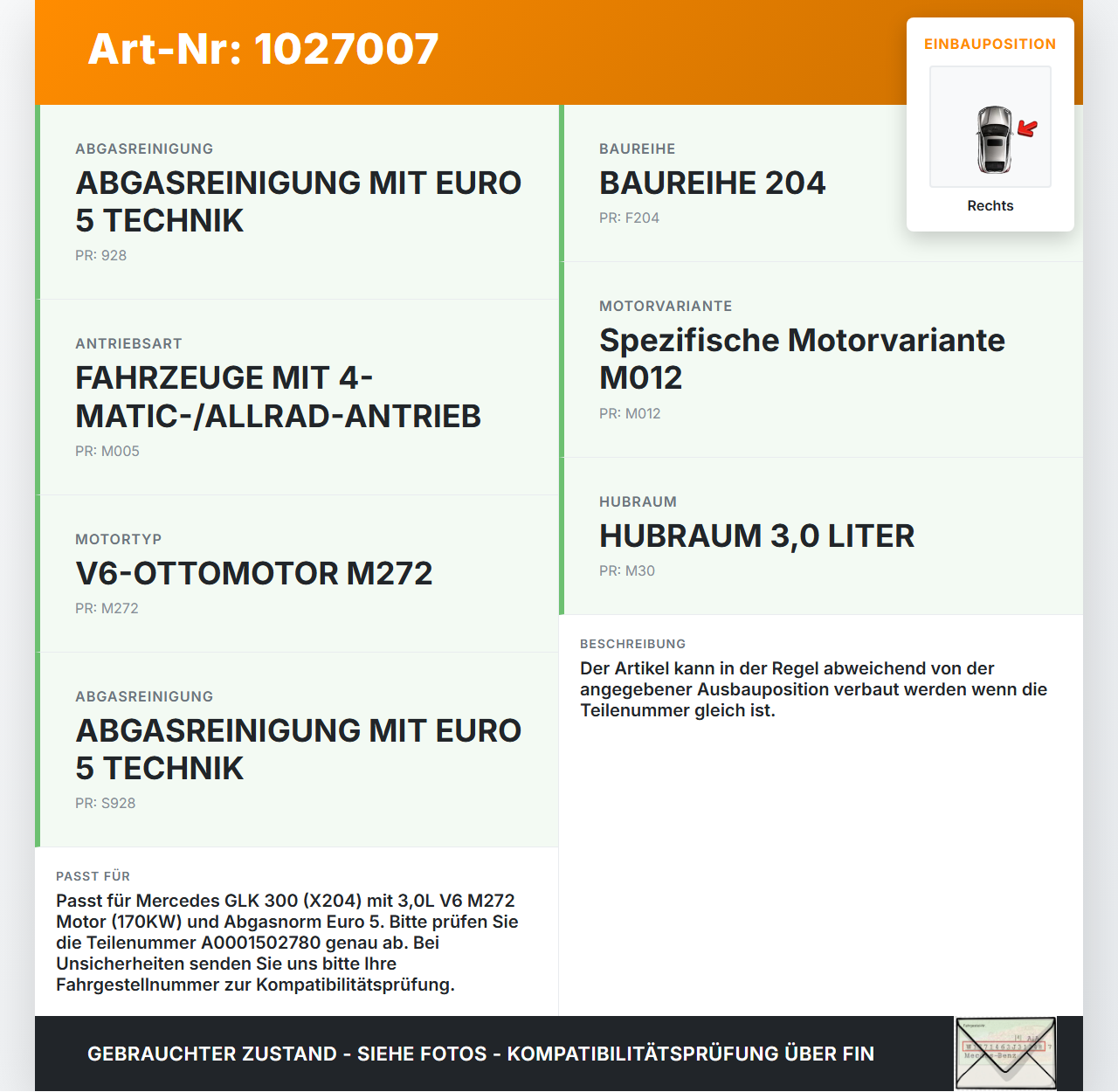 Mercedes GLK 300 X204 08-12 3,0 170KW Zündspule Rechts Pos.4 Mercedes GLK 300 X204 08-12 30.06.2009 A0001502780... Vorschau 3