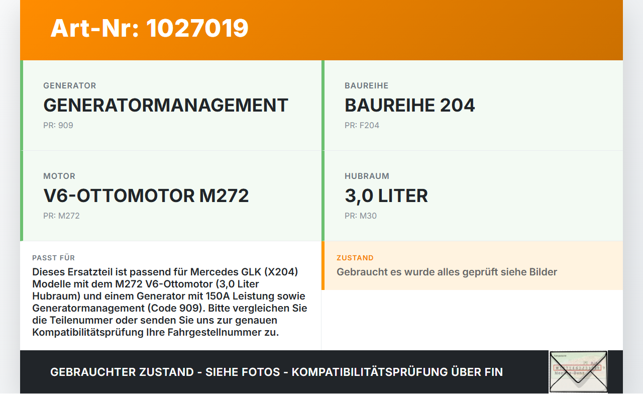 Mercedes GLK 300 X204 08-12 3,0 170KW Lichtmaschine Generator 150A Mercedes GLK 300 X204 08-12 30.06.2009... Vorschau 3