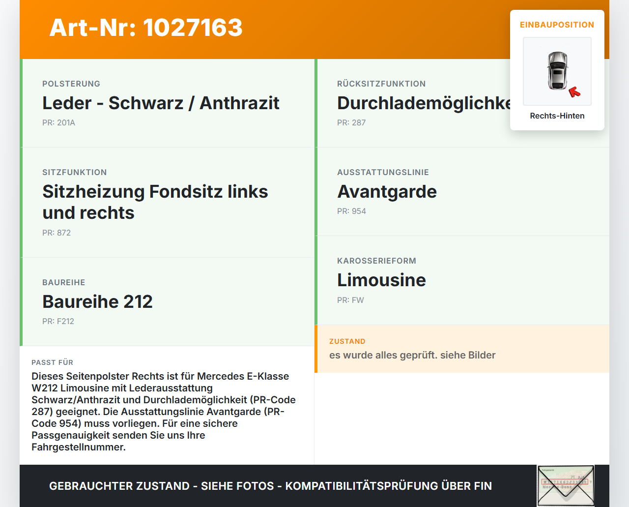 Mercedes E500 W212 09-13 Lim Leder Seitenpolster Rechts für Rücksitzbank Hinten Mercedes E500 W212 09-13 06.12.2011... Vorschau 3