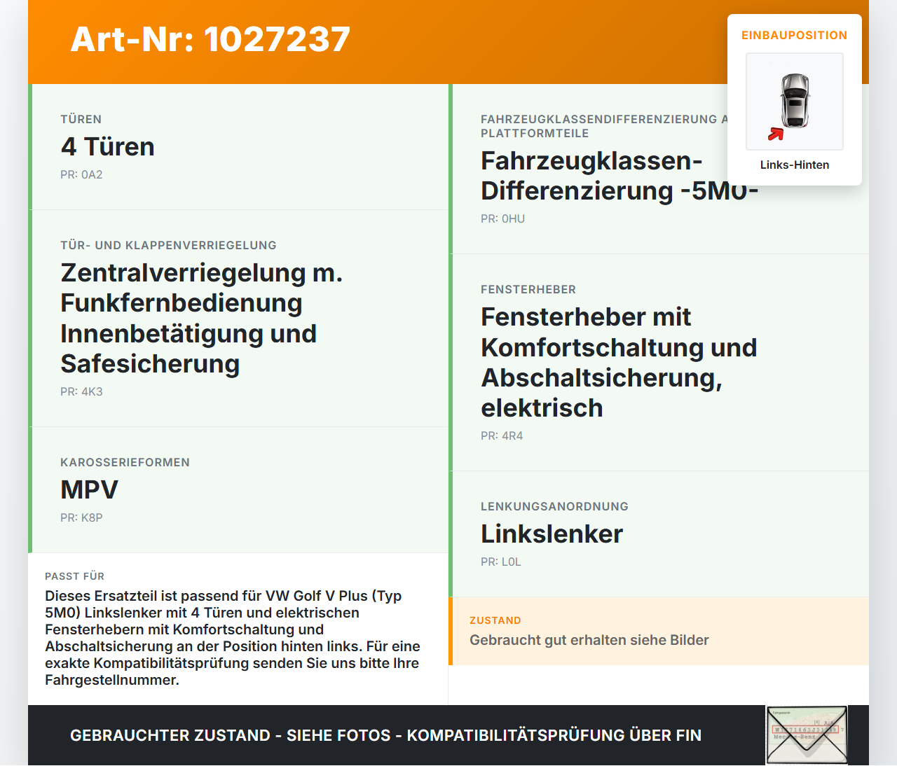 VW Golf V 5 Plus 5M 04-08 Fensterhebermotor Links Hinten VW Golf V 5 Plus 5M 04-08 14.09.2005 993424-200 0130821631... Vorschau 3