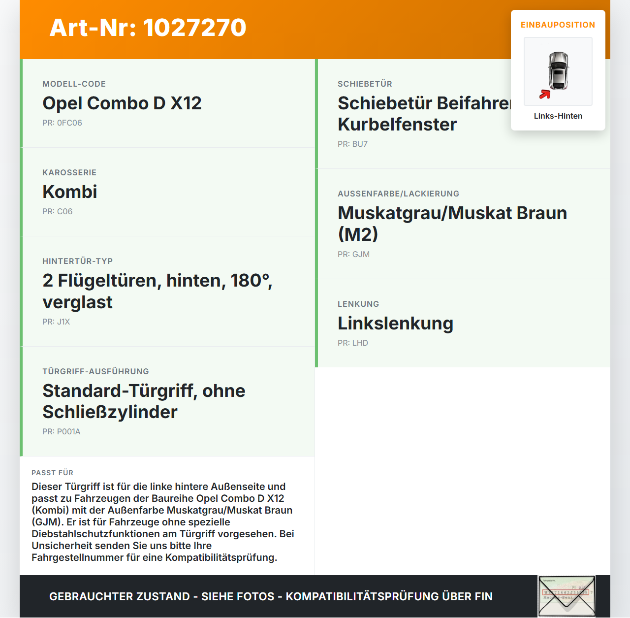 Opel Combo D X12 11-18 Kombi Türgriff Griff aussen Links Hinten GJM Opel Combo D X12 11-18 09.04.2018 2425590 gebraucht Vorschau 3