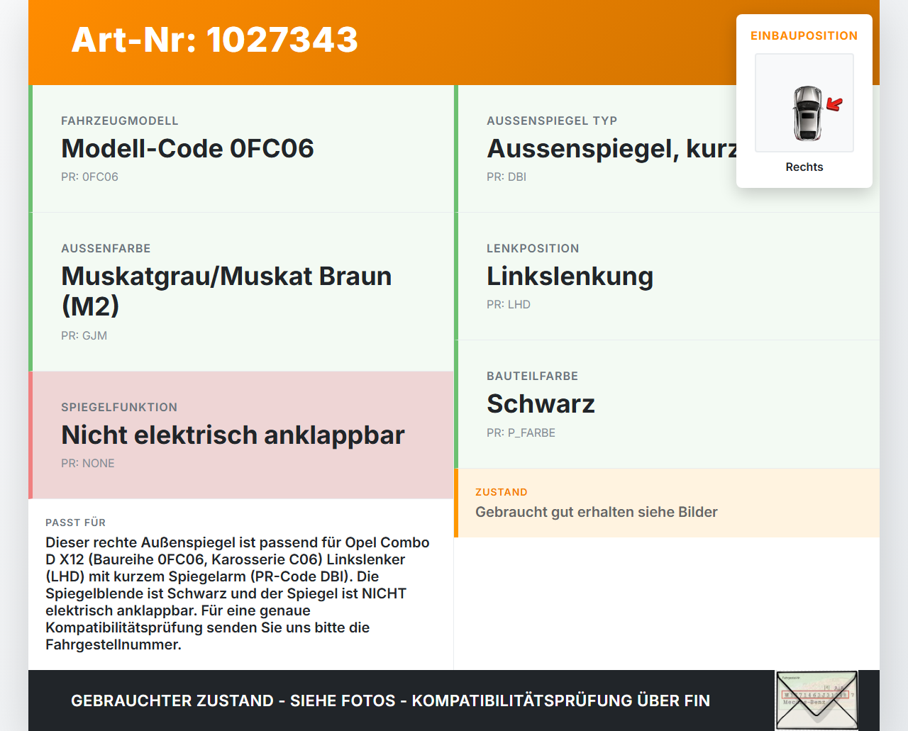 Opel Combo D X12 11-18 Spiegel Aussenspiegel Rechts GJM Opel Combo D X12 11-18 09.04.2018 95517319 93451848 gebraucht Vorschau 3