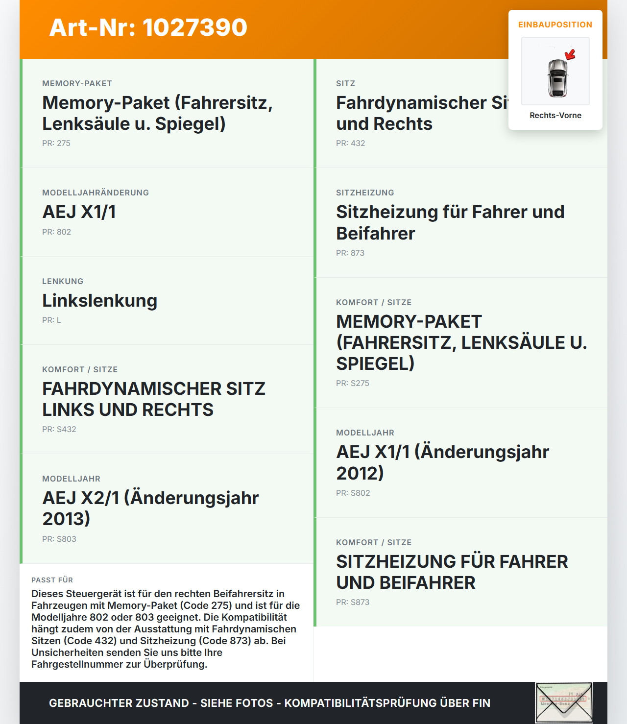 Mercedes E500 W212 09-13 Steuergerät ECU Modul SSG Beifahrer Sitz SG Rechts Vorne Mercedes E500 W212 09-13... Vorschau 3