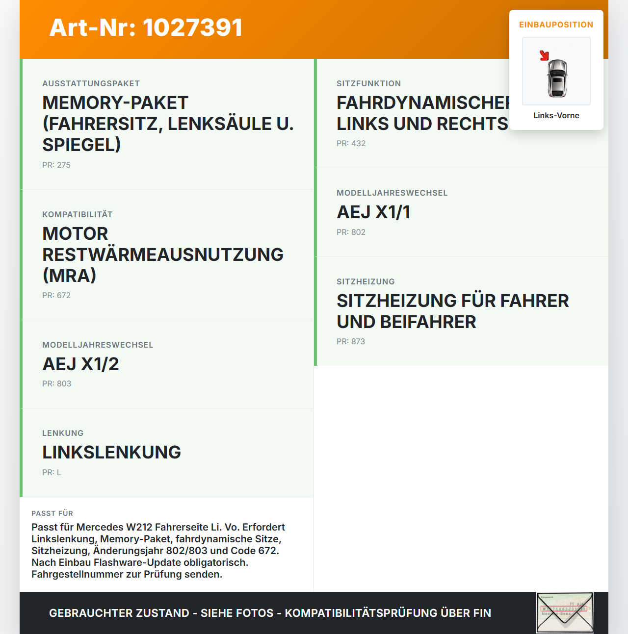 Mercedes E500 W212 09-13 Steuergerät SG für Elektr. Sitzverstellung Memory Fahrer Sitz Links Vorne Mercedes E500... Vorschau 3