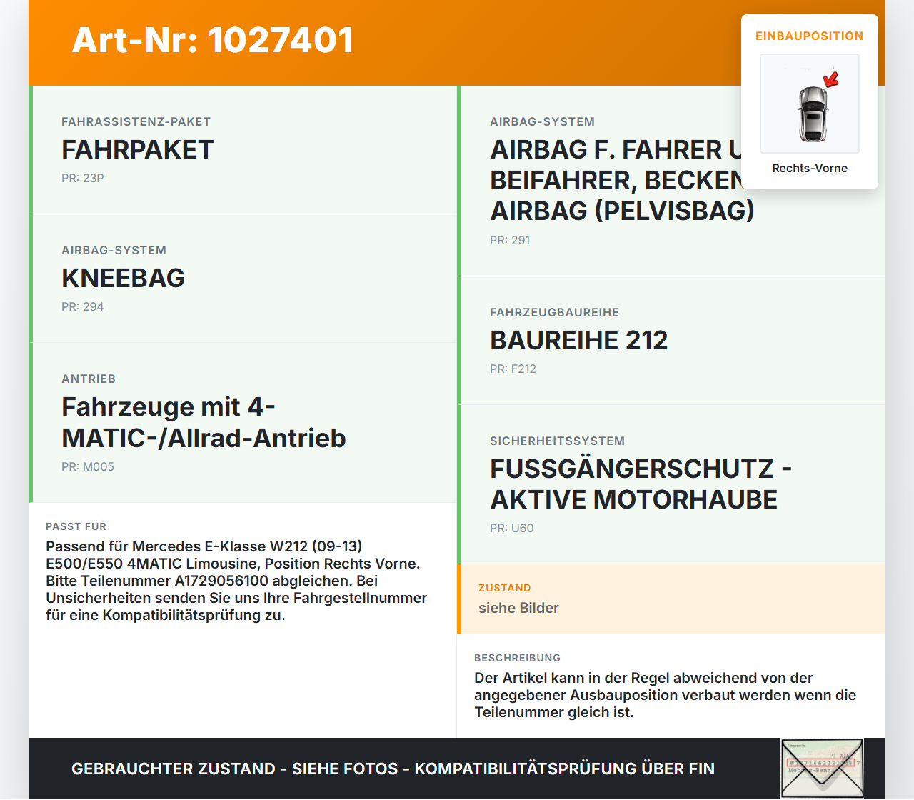 Mercedes E500 W212 09-13 Sensor Airbag Crashsensor Airbagsensor Rechts Vorne Mercedes E500 W212 09-13 06.12.2011... Vorschau 3