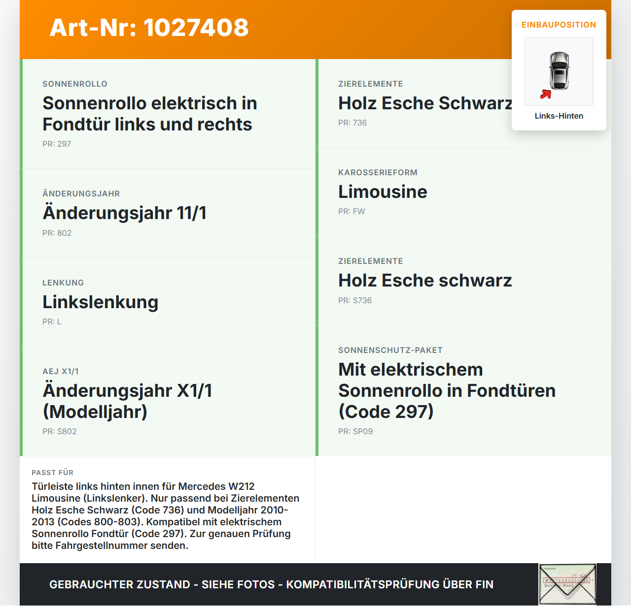 Mercedes E500 W212 09-13 Lim Türleiste Links Hinten Innen Esche Holzdekor 197 Mercedes E500 W212 09-13 06.12.2011... Vorschau 3