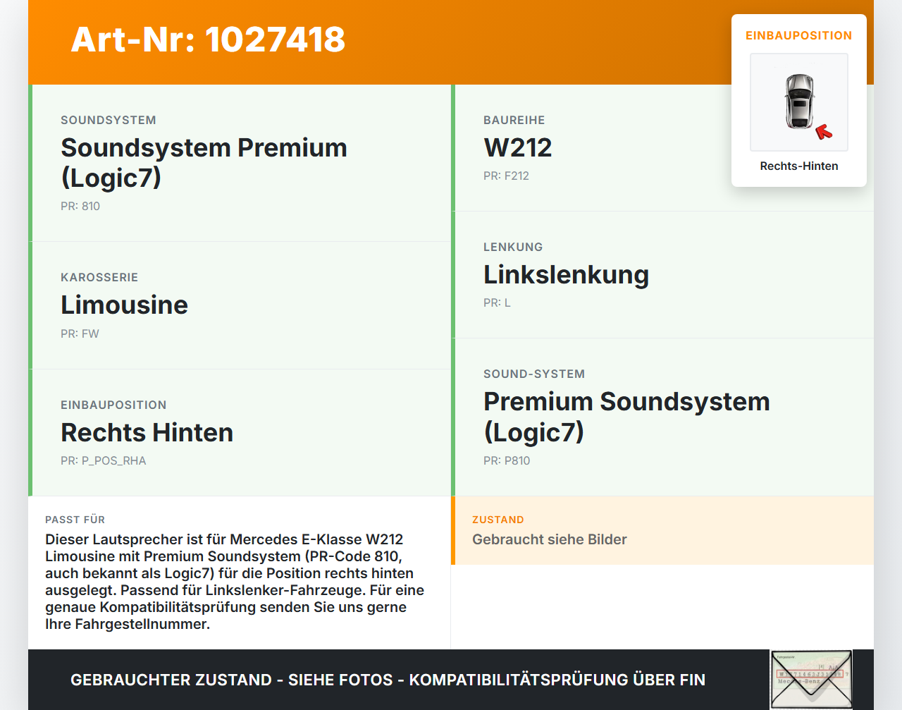Mercedes E500 W212 09-13 Logic7 Lautsprecher Speaker Audio Rechts Hinten Mercedes E500 W212 09-13 06.12.2011... Vorschau 3