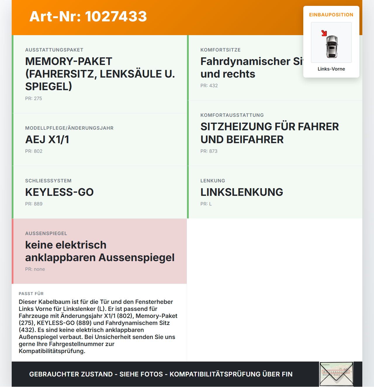 Mercedes E500 W212 09-13 Lim Kabelbaum Tür und Fensterheber Links Vorne Mercedes E500 W212 09-13 06.12.2011... Vorschau 3