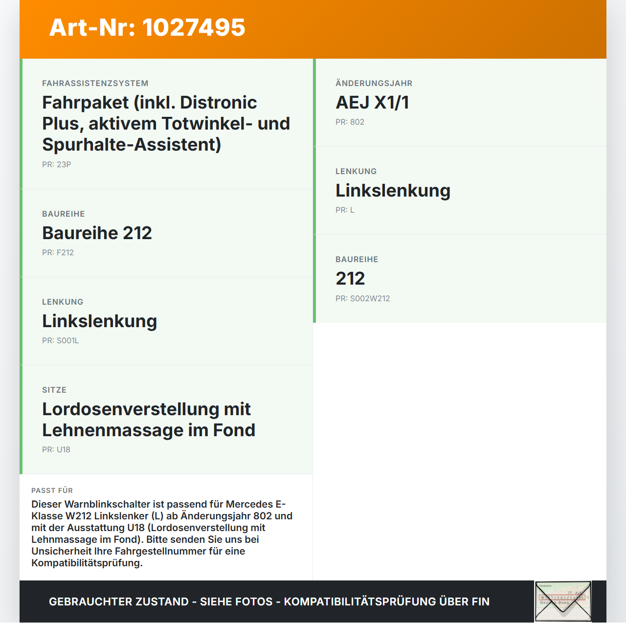 Mercedes E500 W212 09-13 Warnblinkschalter Schalter Mercedes E500 W212 09-13 06.12.2011 2129052400 3369.2612 gebraucht Vorschau 3
