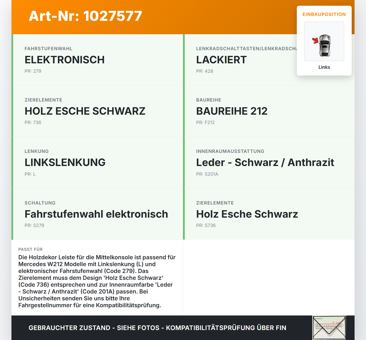 Mercedes E500 W212 09-13 Holzdekor Leiste Mittelkonsole Tunnel Links Esche Mercedes E500 W212 09-13 06.12.2011... Vorschau 3