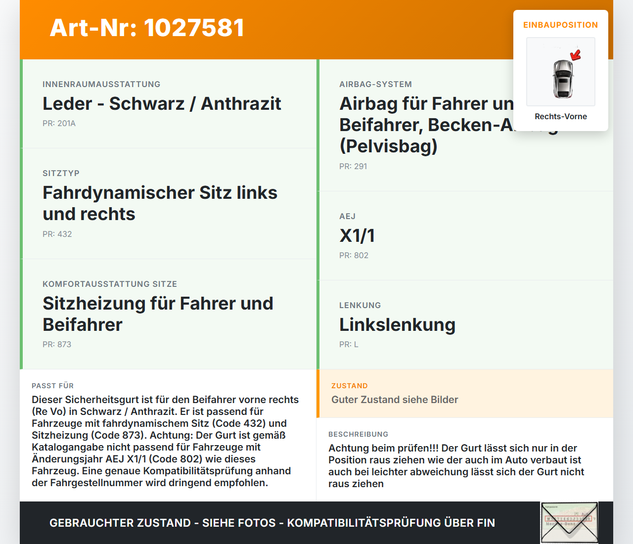Mercedes E500 W212 09-13 Lim Gurt Sicherheitsgurt m. Gurtstraffer Beifahrer Rechts Vorne Mercedes E500 W212 09-13... Vorschau 3