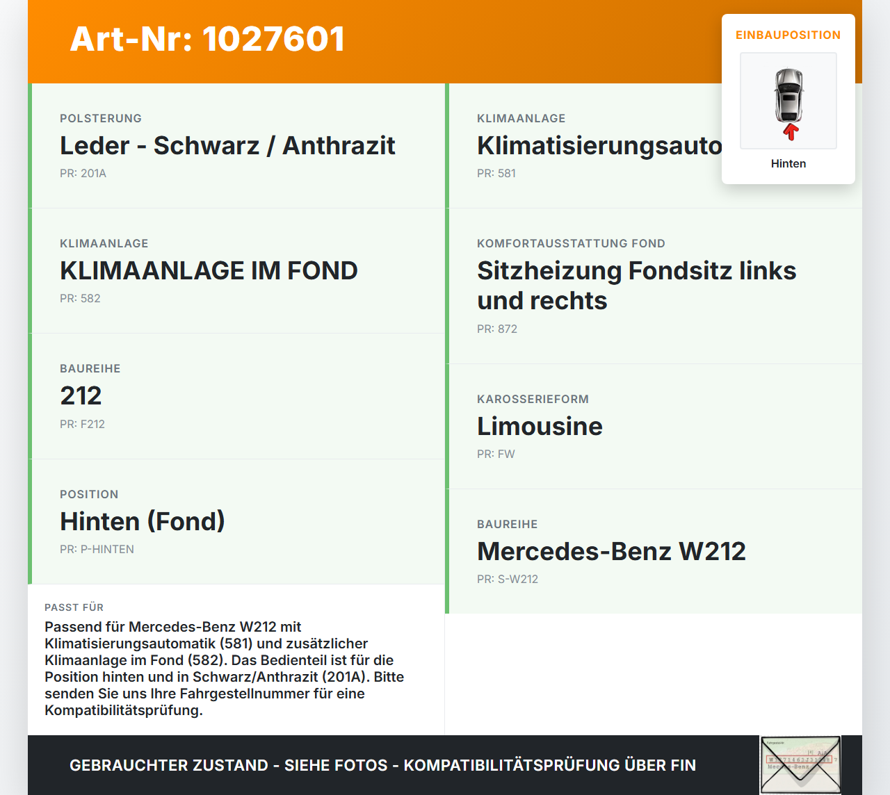 Mercedes E500 W212 09-13 Bedienteil Bedienelement Heizung Klimabedienteil hinten Mercedes E500 W212 09-13... Vorschau 3