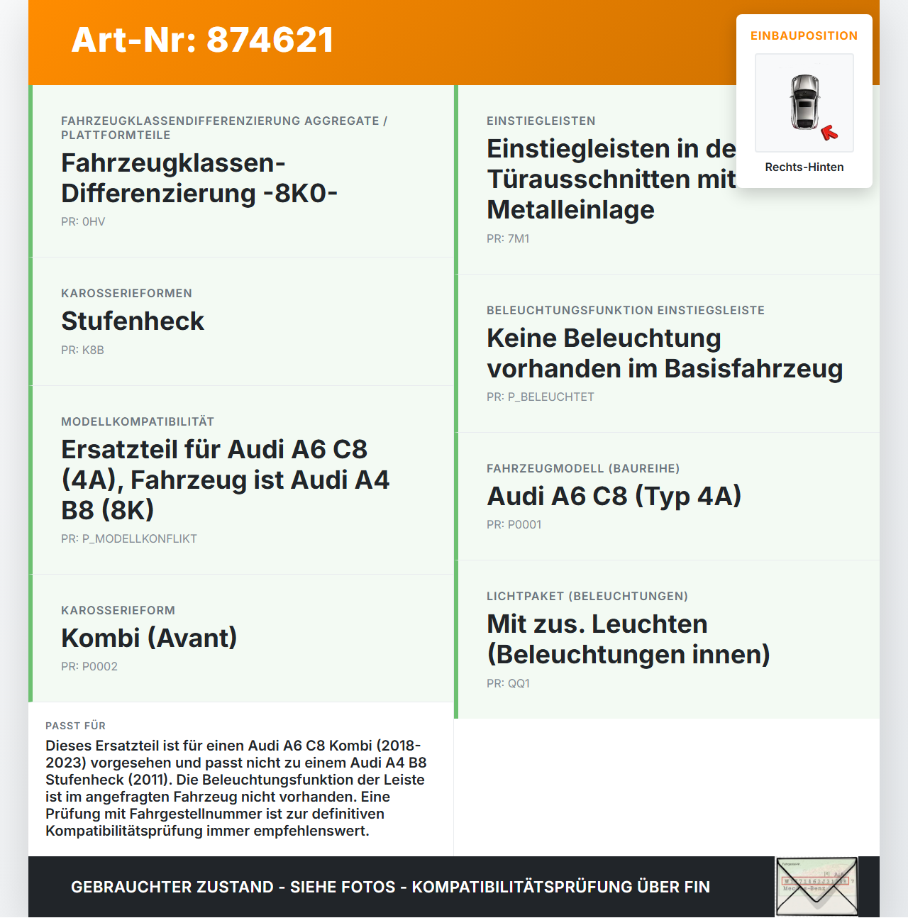 Audi A6 C8 4A 18-23 Kombi Einstiegsleiste Rechts Hinten beleuchtet Audi A6 C8 4A 18-23 25.09.2020 4K0947424 gebraucht Vorschau 3