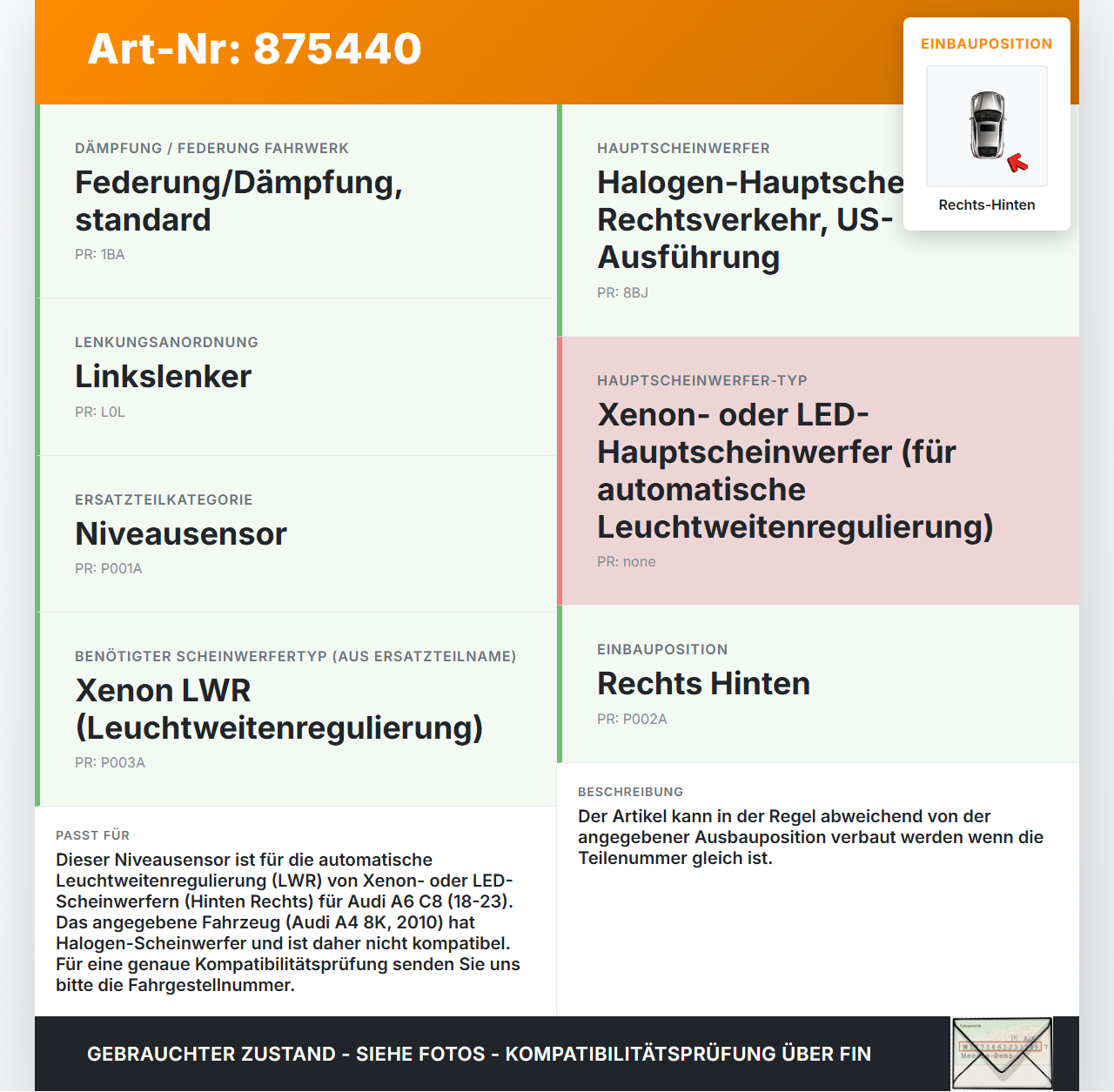Audi A6 C8 4A 18-23 Niveausensor Xenon LWR Sensor Neigung Rechts Hinten Audi A6 C8 4A 18-23 25.09.2020 4K0941286B... Vorschau 3