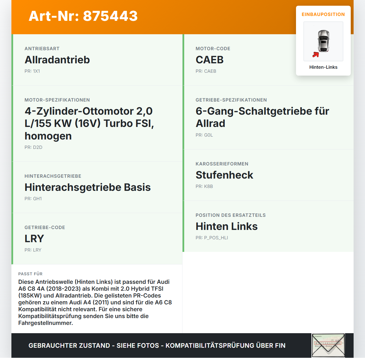 Audi A6 C8 4A 18-23 Kombi Hybrid TFSI 2,0 185KW Antriebswelle Gelenkwelle Hinten Links Audi A6 C8 4A 18-23... Vorschau 3