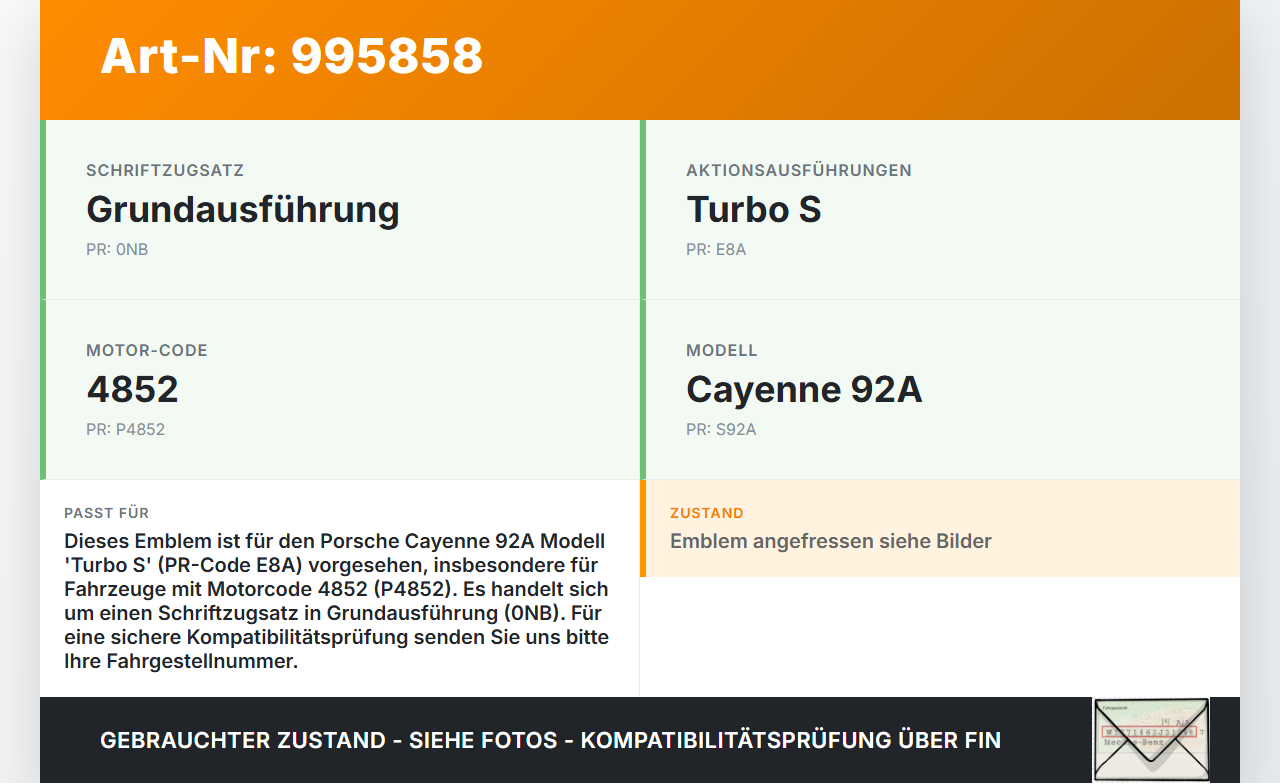 Porsche Cayenne 92A Turbo S Emblem Logo Porsche Cayenne 92A Turbo S 20.06.2014 95855960102 gebraucht Vorschau 3