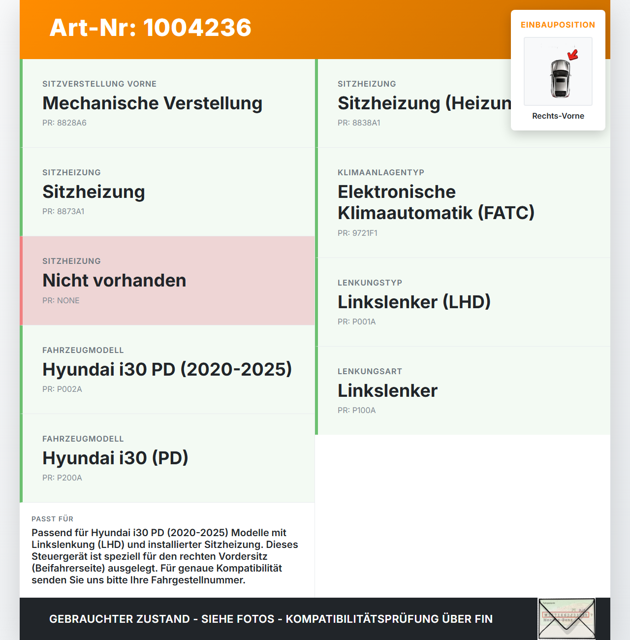 Hyundai I30 PD 20-25 SG ECU Steuergerät für Sitzheizung Rechts Vorne Hyundai I30 PD 20-25 01.07.2021 88196G4000... Vorschau 3