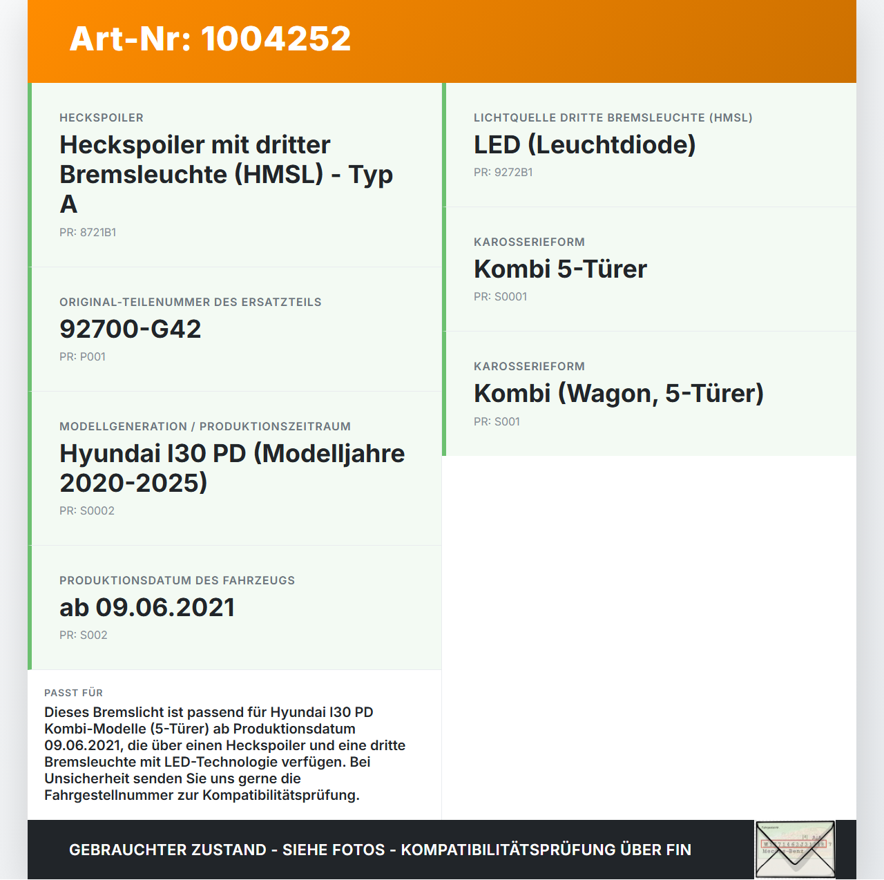 Hyundai I30 PD 20-25 Kombi Bremslicht 3. Bremsleuchte für Klappe Hyundai I30 PD 20-25 01.07.2021 92700-G42 gebraucht Vorschau 3