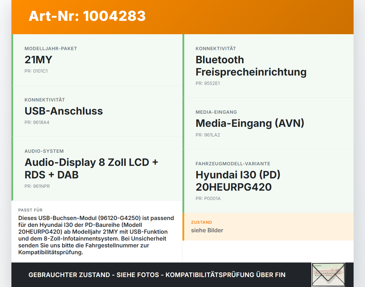 Hyundai I30 PD 20-25 USB Buchse Anschluss Hyundai I30 PD 20-25 01.07.2021 96120-G4250 gebraucht Vorschau 3