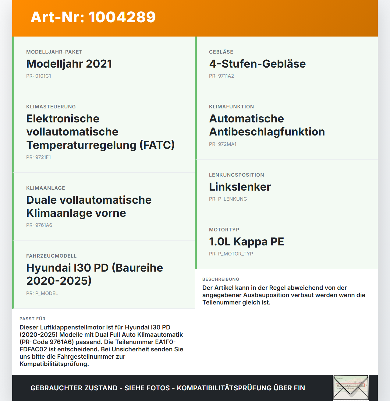 Hyundai I30 PD 20-25 Luftklappenstellmotor Stellmotor Pos.1 Hyundai I30 PD 20-25 01.07.2021 EA1F0-EDFAC02 gebraucht Vorschau 3