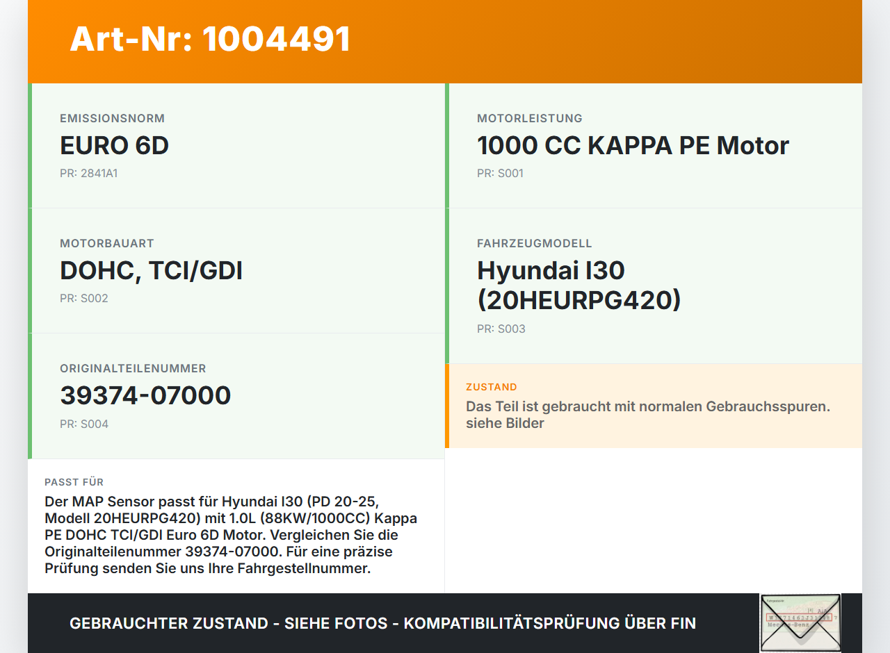 Hyundai I30 PD 20-25 1,0 88KW Luftdruck MAP Sensor Hyundai I30 PD 20-25 01.07.2021 3937407000 39374-07000... Vorschau 3