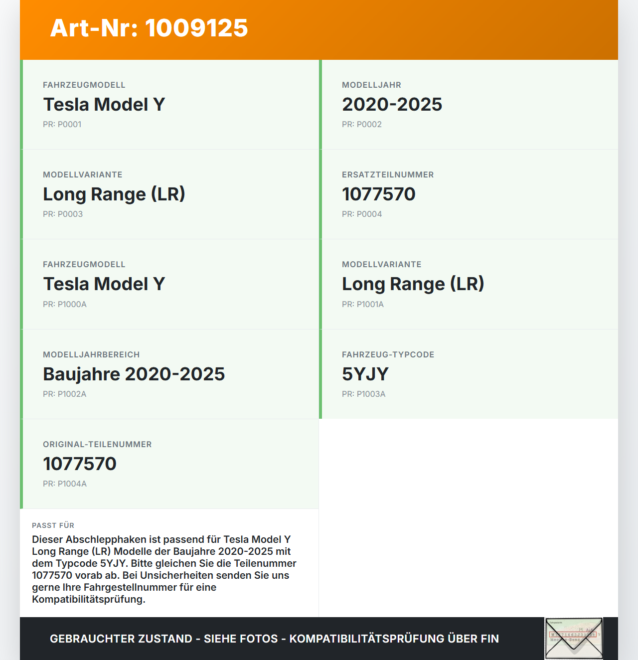 Tesla Model Y LR 20-25 5YJY Abschleppöse Abschlepphaken Tesla Model Y LR 20-25 5YJY 01.06.2023 1077570 gebraucht Vorschau 3