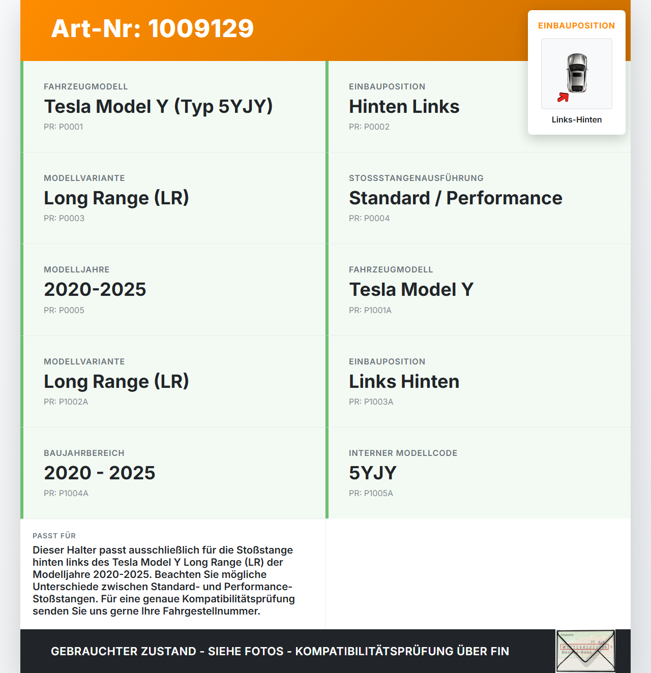 Tesla Model Y LR 20-25 5YJY Halter Träger Aufnahme Führung für Stoßstange Links Hinten Tesla Model Y LR 20-25 5YJY... Vorschau 3