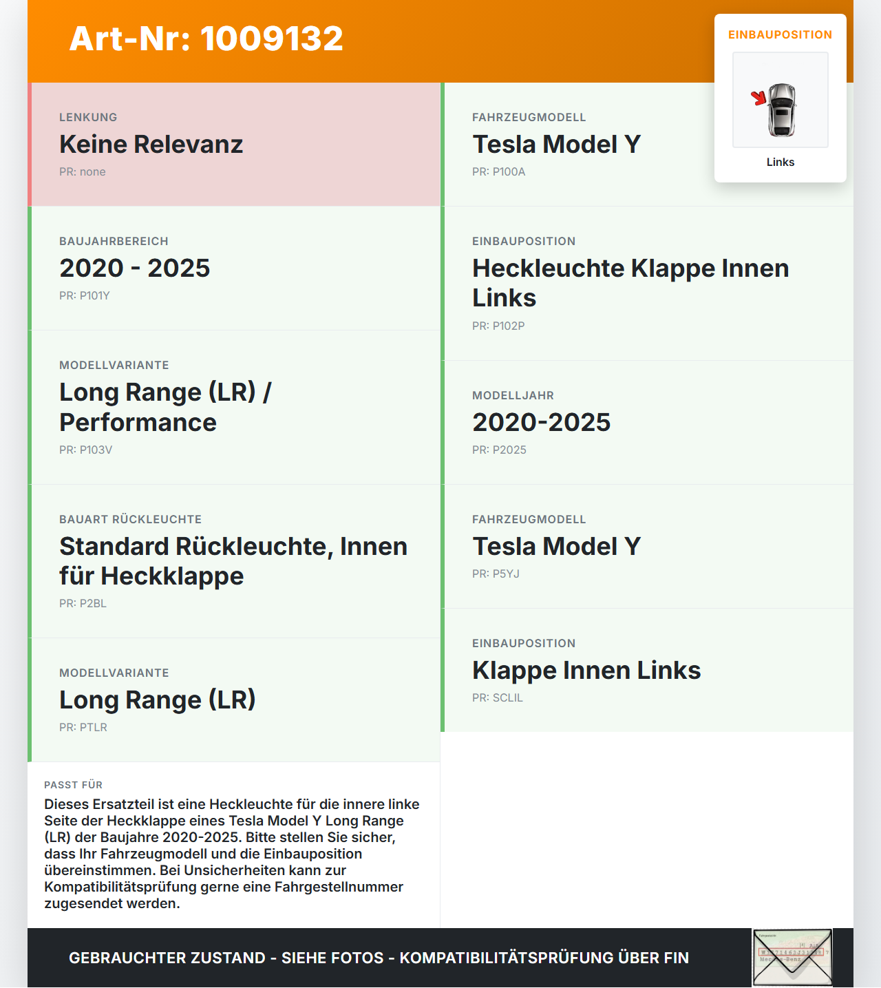 Tesla Model Y LR 20-25 5YJY Rückleuchte Heckleuchte für Klappe Innen Links Tesla Model Y LR 20-25 5YJY 01.06.2023... Vorschau 3
