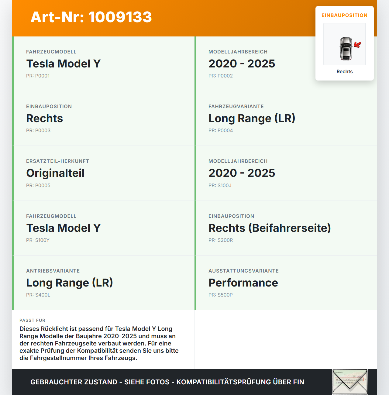 Tesla Model Y LR 20-25 5YJY Rückleuchte Rücklicht Heckleuchte Rechts orig Tesla Model Y LR 20-25 5YJY 01.06.2023... Vorschau 3