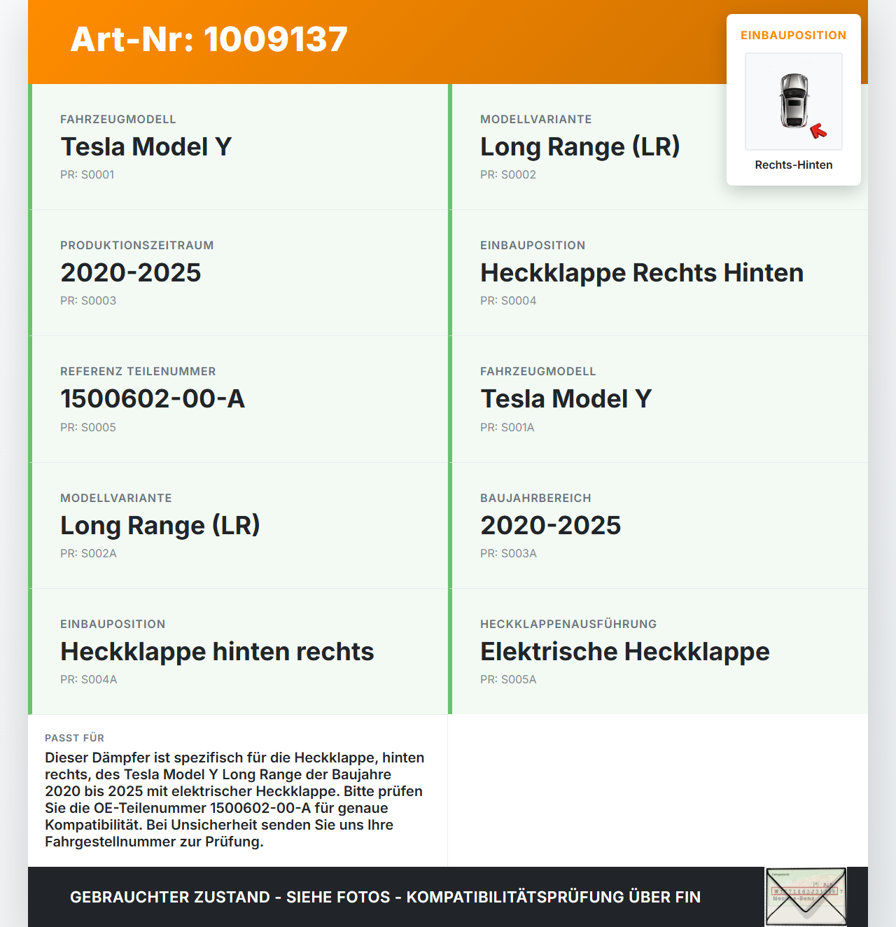 Tesla Model Y LR 20-25 5YJY Dämpfer Gasdruckfeder für Heckklappe Rechts Hinten Tesla Model Y LR 20-25 5YJY... Vorschau 3
