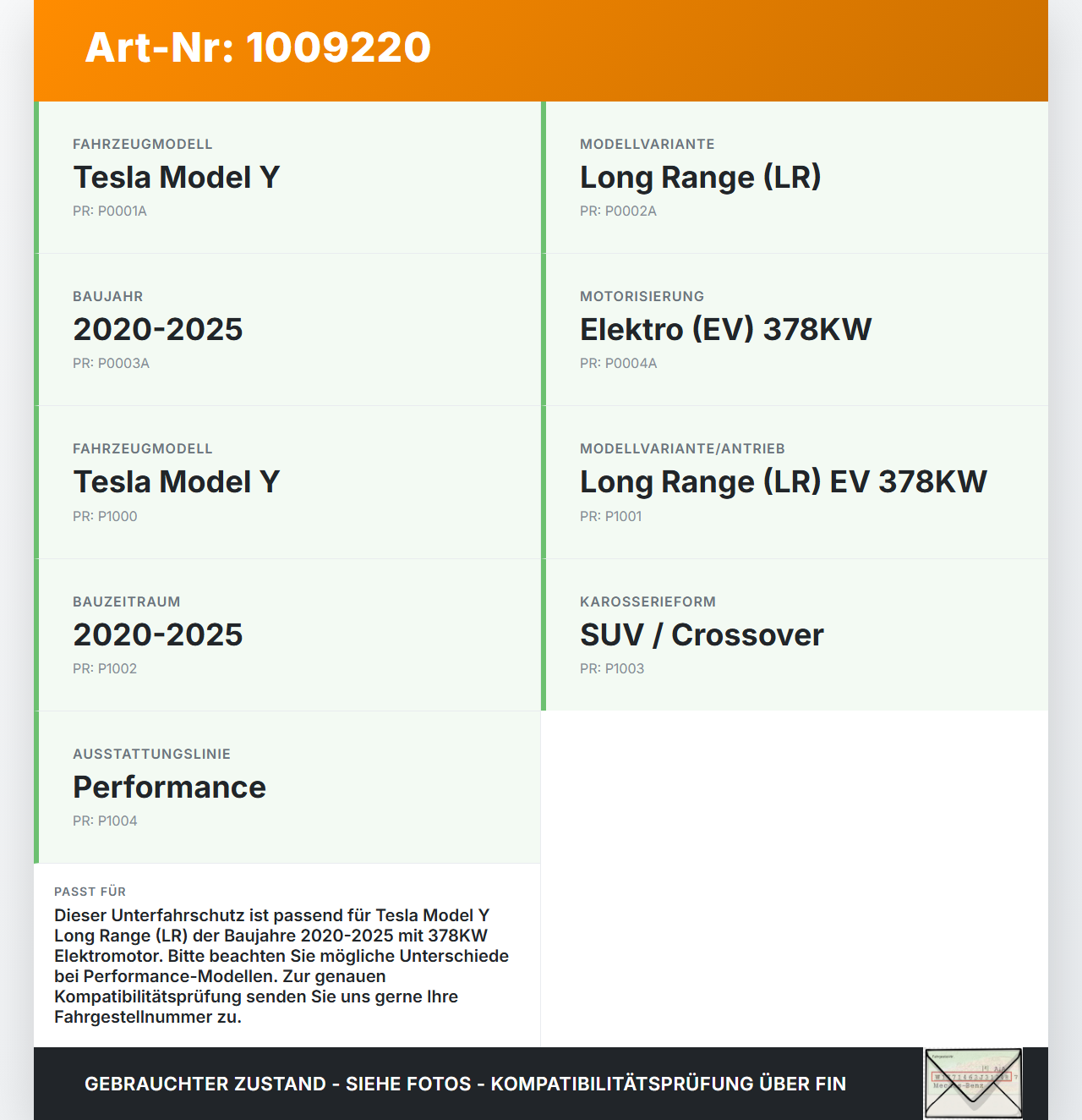 Tesla Model Y LR 20-25 5YJY  EV  378KW Unterfahrschutz Tesla Model Y LR 20-25 5YJY 01.06.2023 gebraucht Vorschau 3