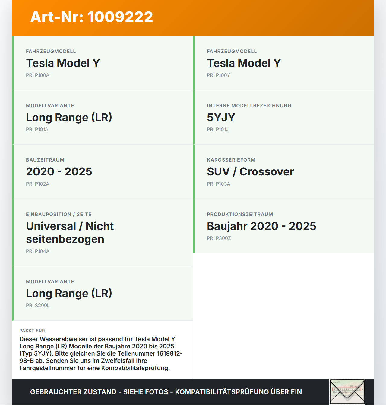 Tesla Model Y LR 20-25 5YJY Wasserabweiser Wasserleitblech Tesla Model Y LR 20-25 5YJY 01.06.2023 1619812-98-B gebraucht Vorschau 3