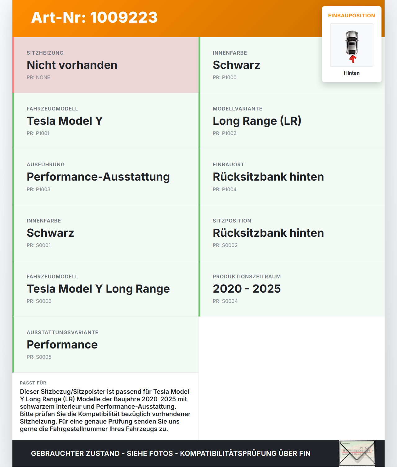 Tesla Model Y LR 20-25 5YJY Sitzbezug Sitzpolster für Rücksitzbank Hinten Tesla Model Y LR 20-25 5YJY 01.06.2023... Vorschau 3