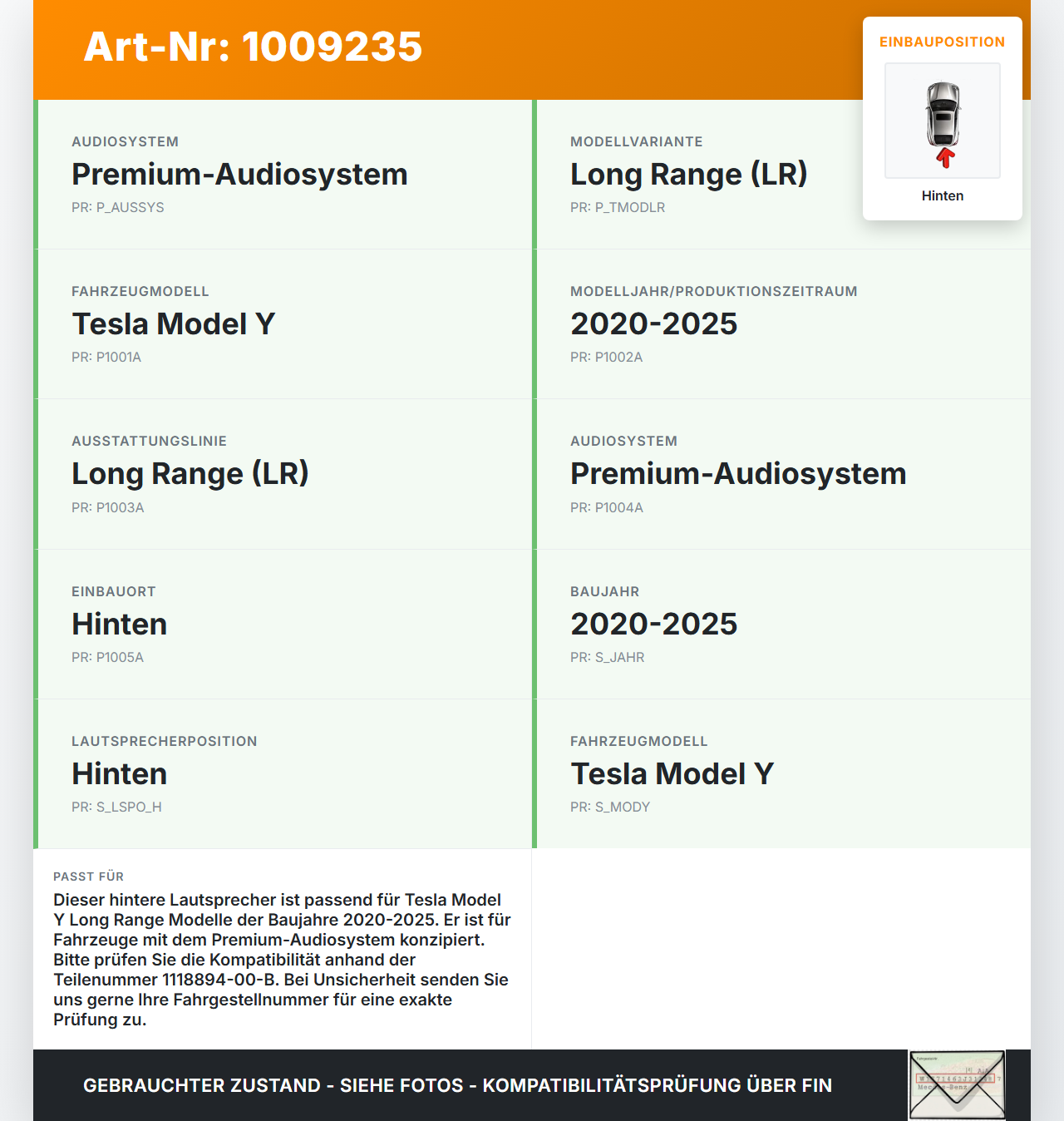 Tesla Model Y LR 20-25 5YJY Lautsprecher Hinten Tesla Model Y LR 20-25 5YJY 01.06.2023 1118894-00-B PRM22230W3213A... Vorschau 3