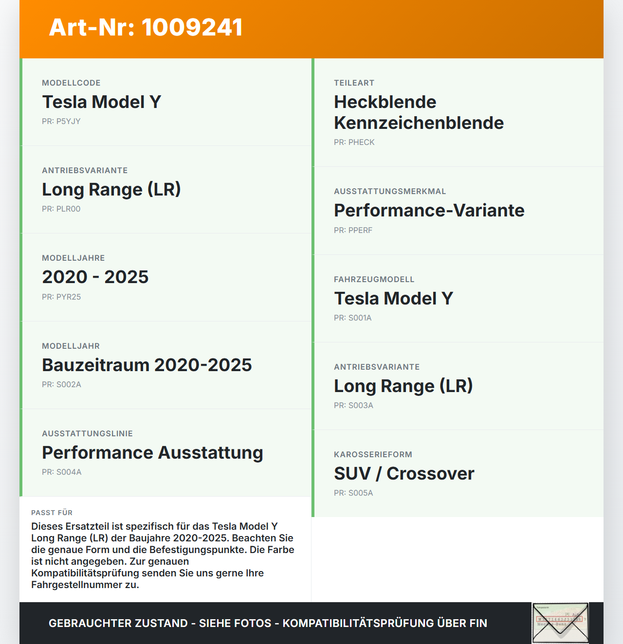 Tesla Model Y LR 20-25 5YJY Heckblende Kennzeichenblende Tesla Model Y LR 20-25 5YJY 01.06.2023 1631636-00-B gebraucht Vorschau 3