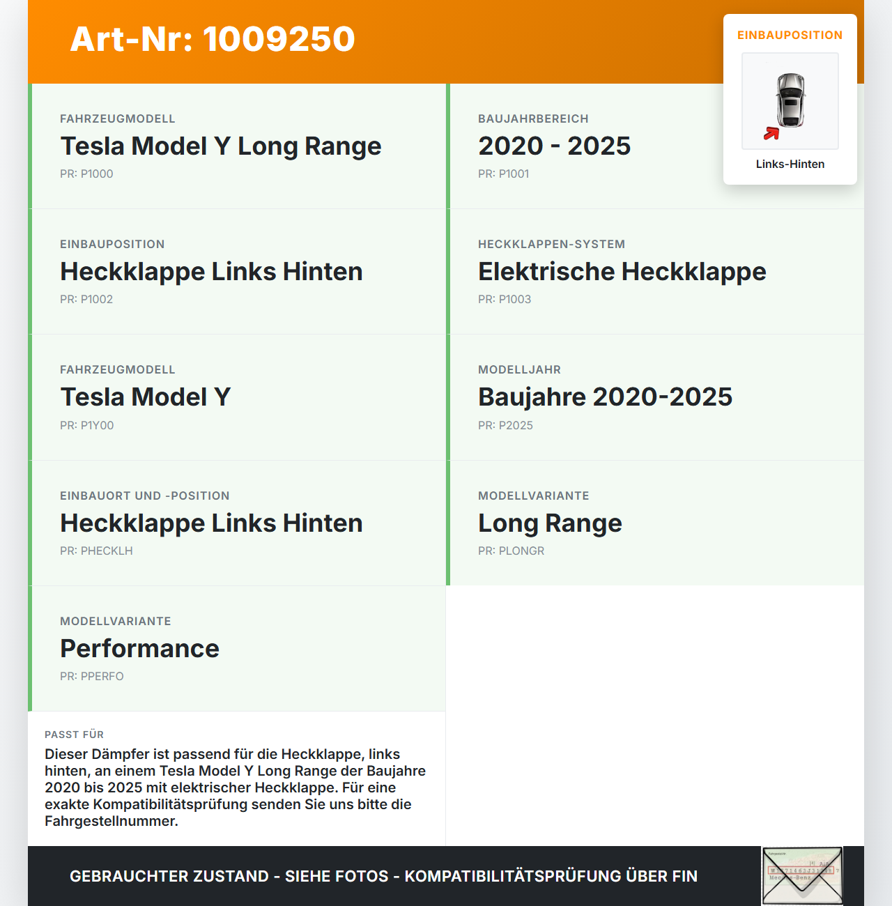 Tesla Model Y LR 20-25 5YJY Dämpfer Gasdruckfeder für Heckklappe Links Hinten Tesla Model Y LR 20-25 5YJY... Vorschau 3