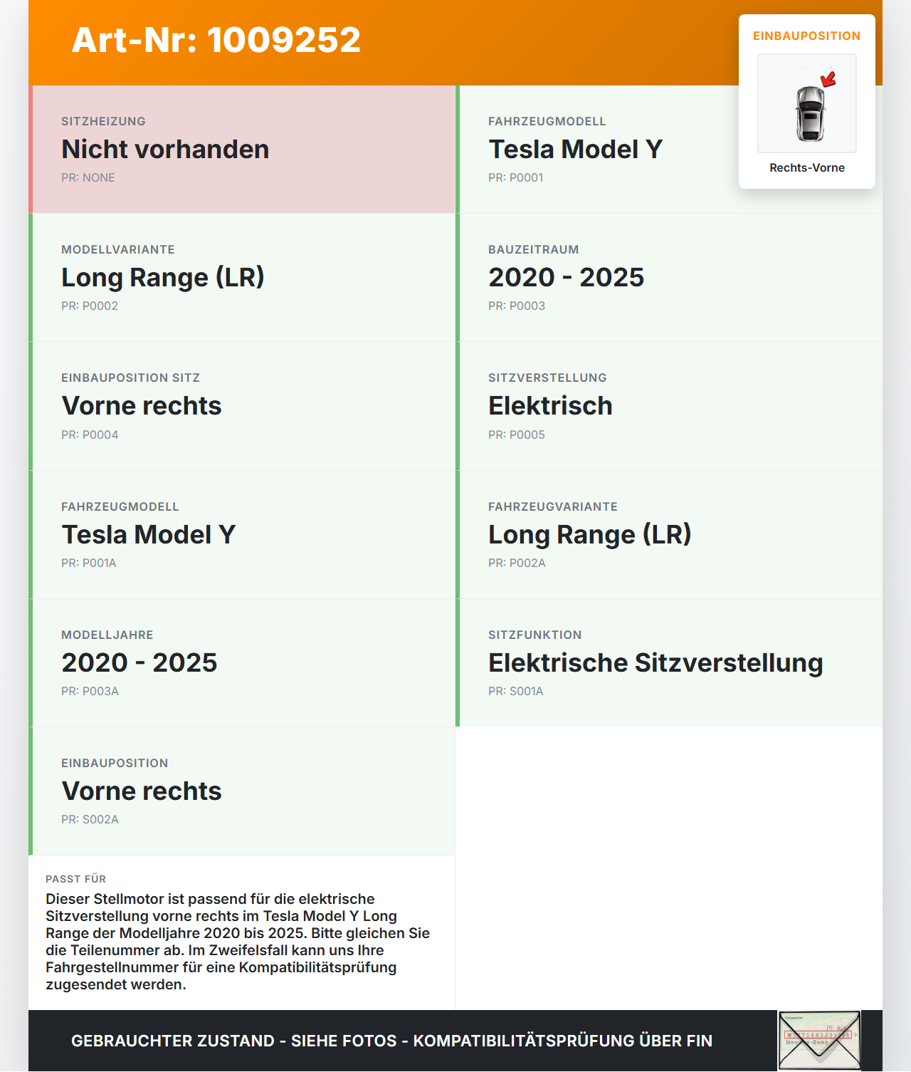Tesla Model Y LR 20-25 5YJY Stellmotor Antrieb für Sitz Verstellung Rechts Vorne Tesla Model Y LR 20-25 5YJY... Vorschau 3