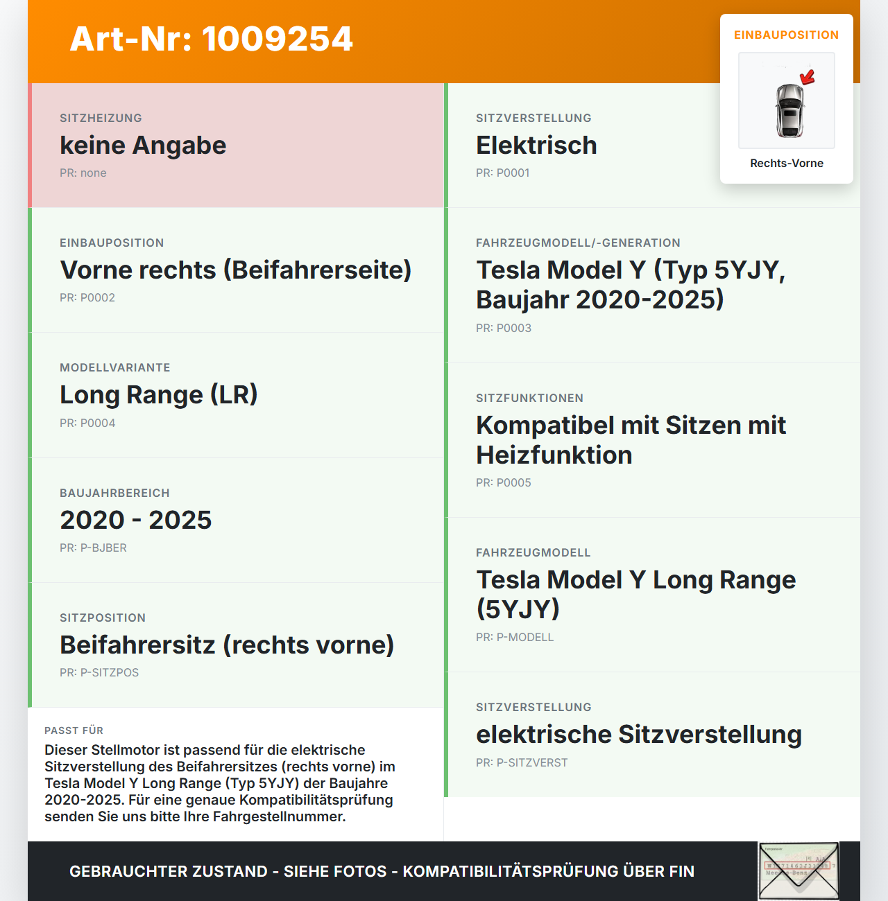 Tesla Model Y LR 20-25 5YJY Stellmotor Antrieb für Sitz Verstellung Rechts Vorne Tesla Model Y LR 20-25 5YJY... Vorschau 3