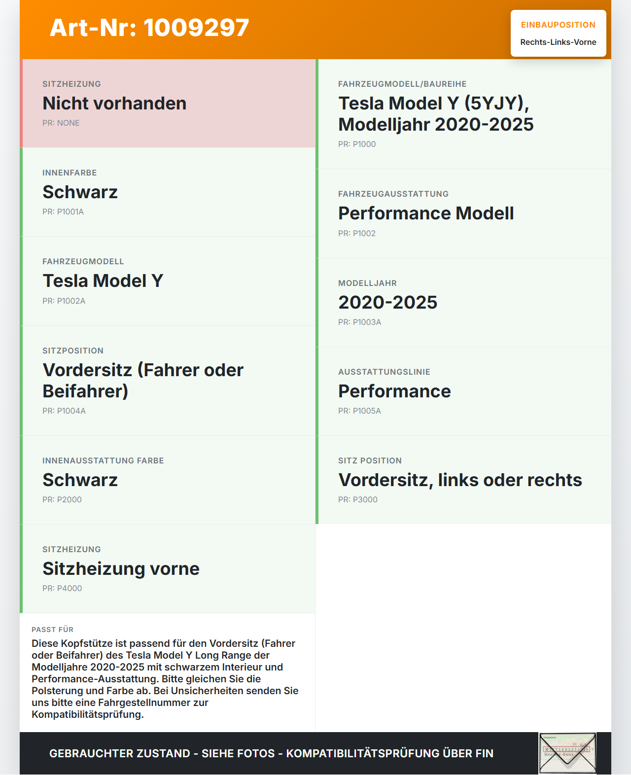 Tesla Model Y LR 20-25 5YJY Kopfstütze für Fahrer Sitz Rechts oder Links Vorne Tesla Model Y LR 20-25 5YJY... Vorschau 3