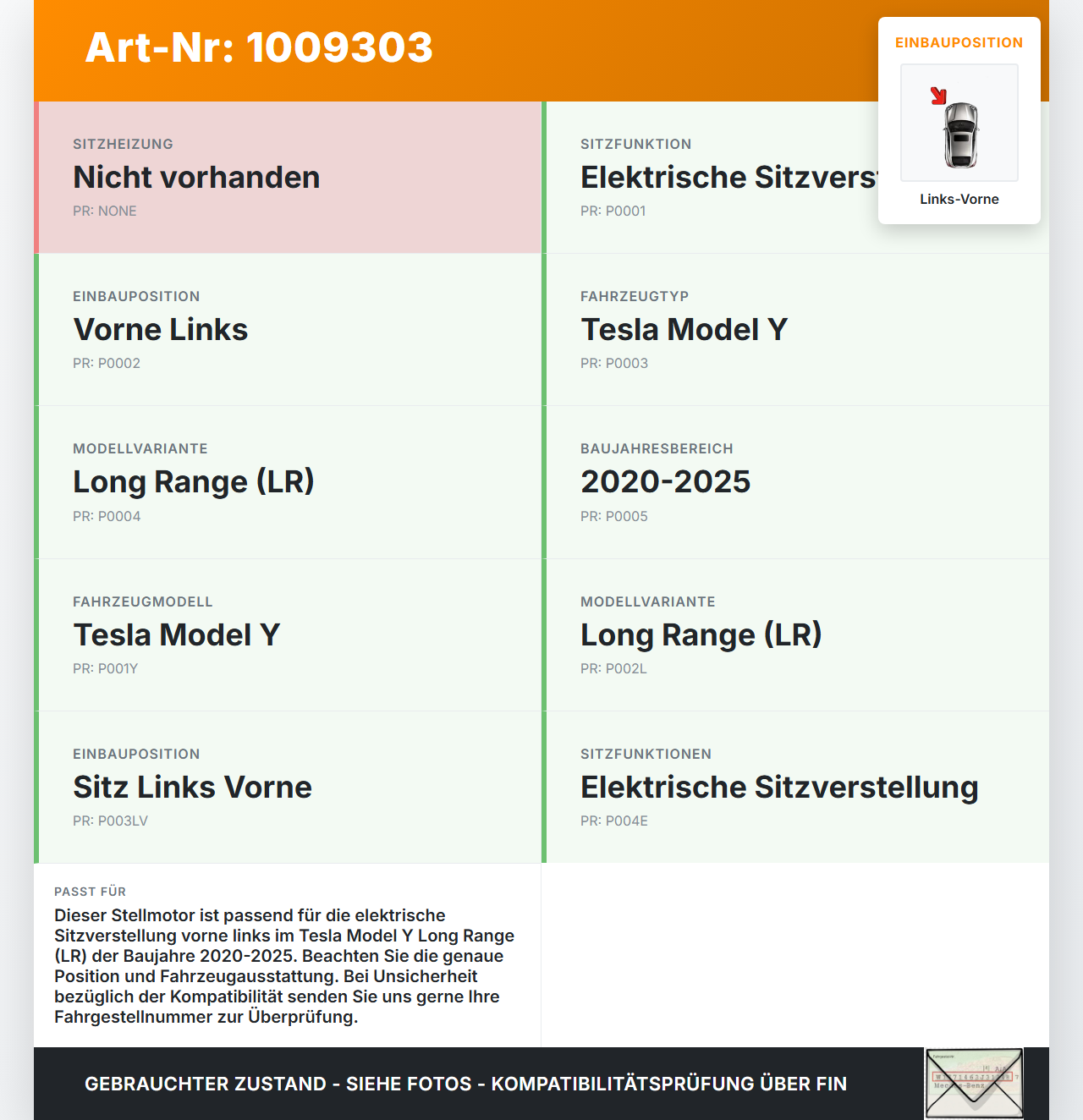 Tesla Model Y LR 20-25 5YJY Stellmotor Antrieb für die Sitzverstellung Links Vorne Tesla Model Y LR 20-25 5YJY... Vorschau 3