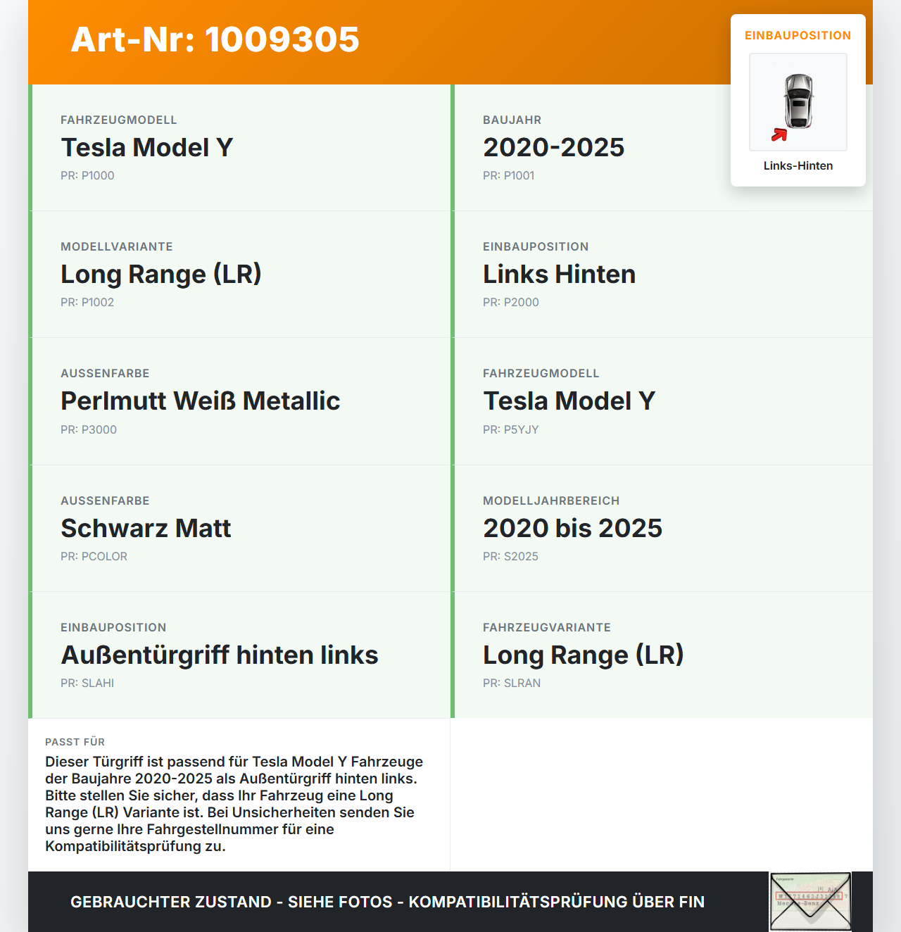 Tesla Model Y LR 20-25 5YJY Türgriff Griff aussen Links Hinten PPSW Tesla Model Y LR 20-25 5YJY 01.06.2023... Vorschau 3